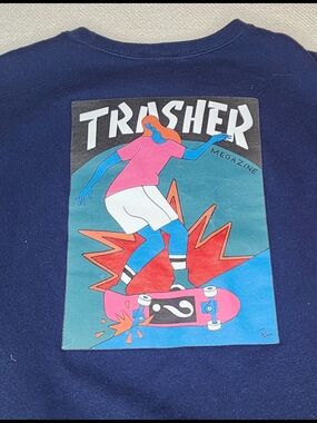 Thrasher Navy Crewneck with Pink, Blue & White Graphic